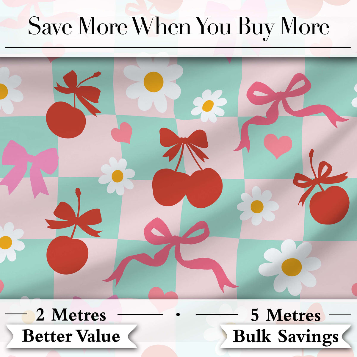 Cute Cherry Bow Daisy Heart Seamless Pattern on Light Blue Lovely  Digital Print Material by the Metre UK Sewing Quilting Textile