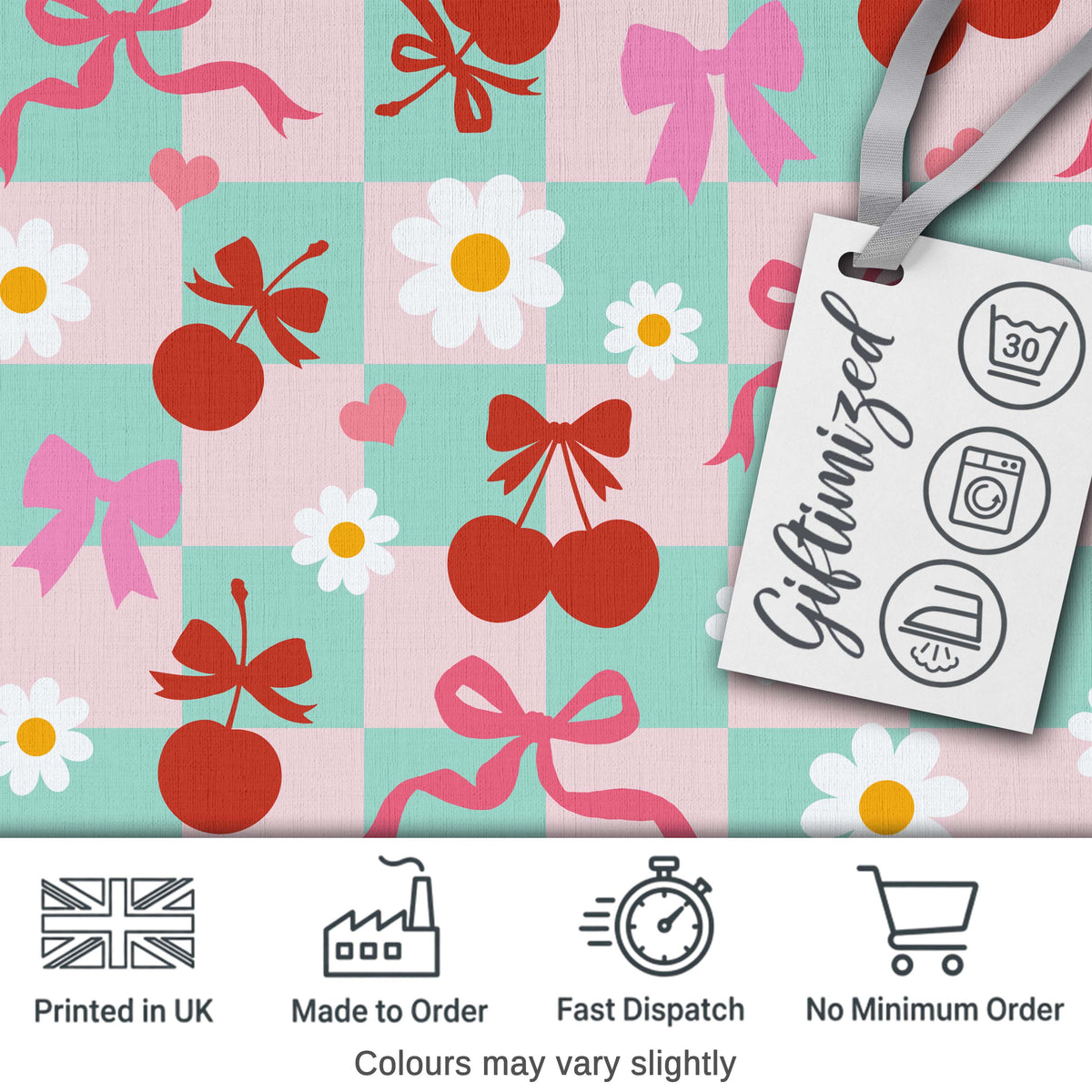 Cute Cherry Bow Daisy Heart Seamless Pattern on Light Blue Lovely  Digital Print Material by the Metre UK Sewing Quilting Textile