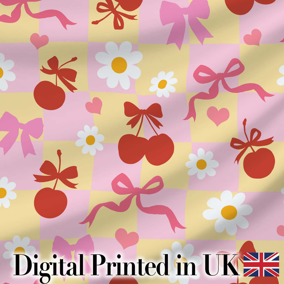 Cute Cherry Bow Daisy Heart Seamless Pattern on Pale Pink Background  Digital Print Material by the Metre UK Sewing Quilting Textile