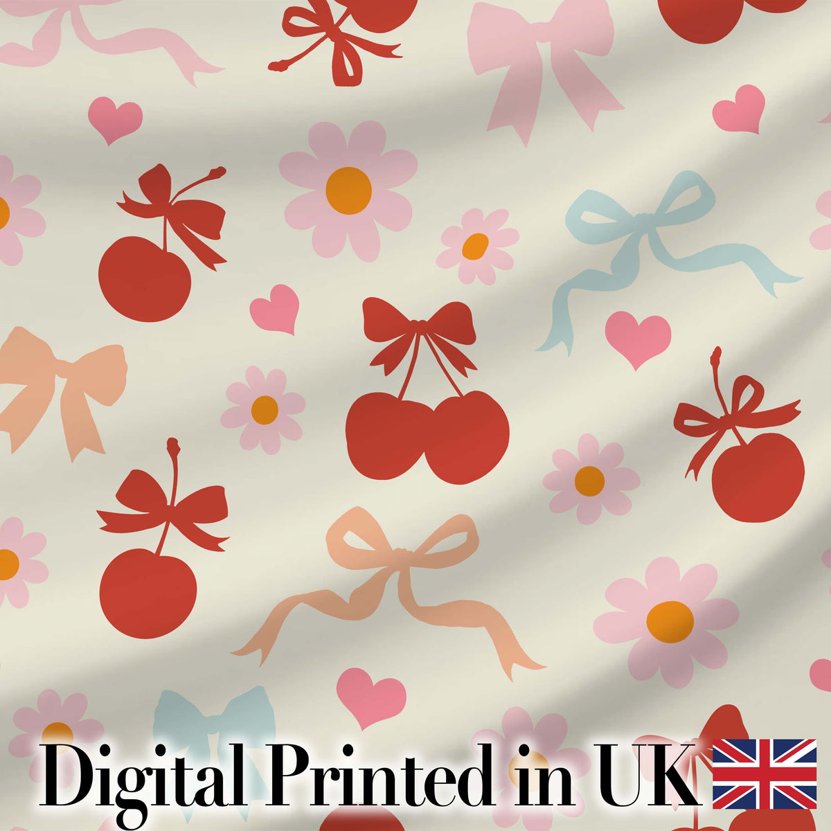 Cute Cherry Bow Heart with Yellow Floral Detail on Grey Background  Digital Print Material by the Metre UK Sewing Quilting Textile