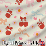 Cute Cherry Bow Heart with Yellow Floral Detail on Grey Background  Digital Print Material by the Metre UK Sewing Quilting Textile