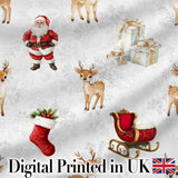 Cute Christmas Santa Reindeer Sleigh Gift Seamless Pattern Digital Print Fabric by the Metre UK Sewing Quilting Textile