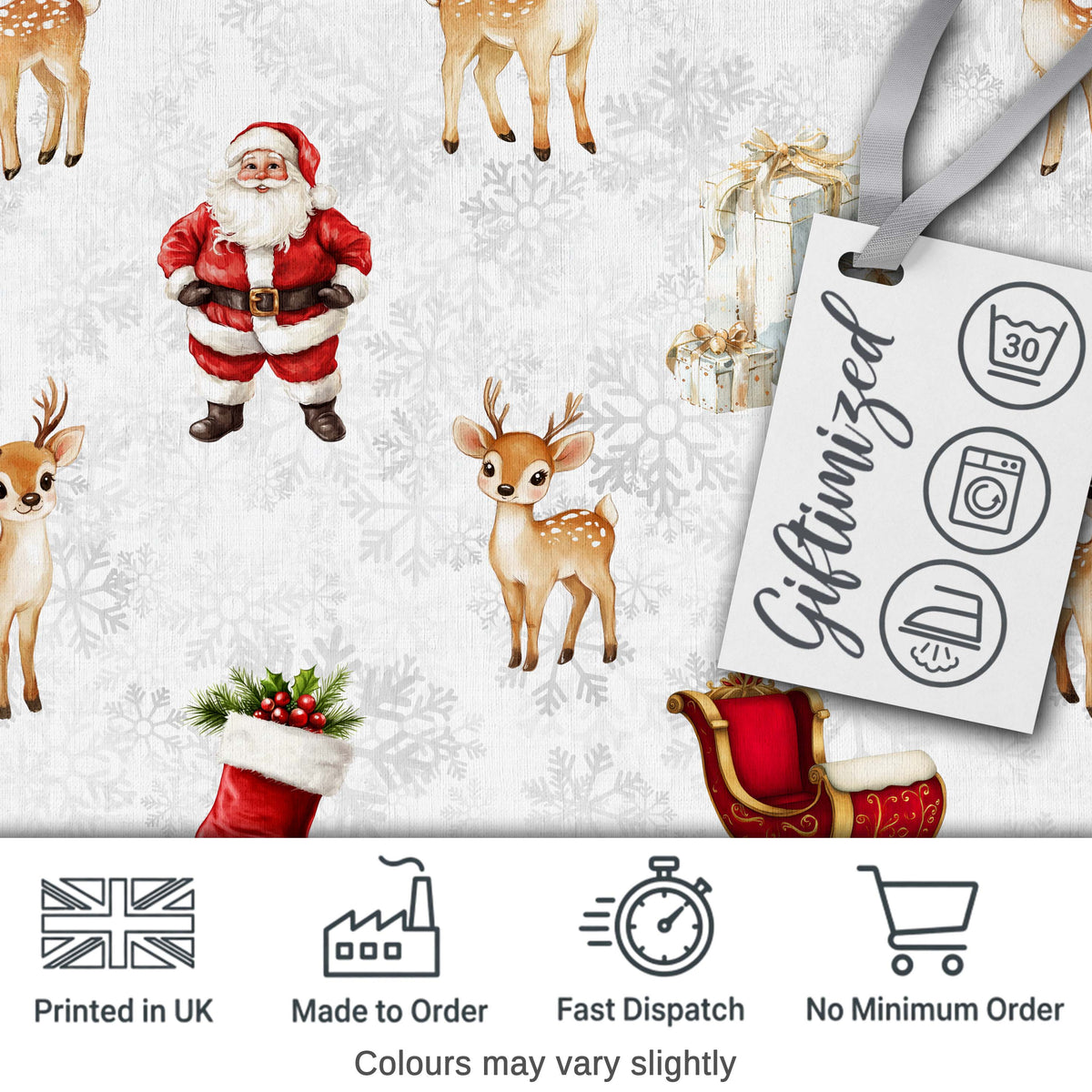 Cute Christmas Santa Reindeer Sleigh Gift Seamless Pattern Digital Print Fabric by the Metre UK Sewing Quilting Textile
