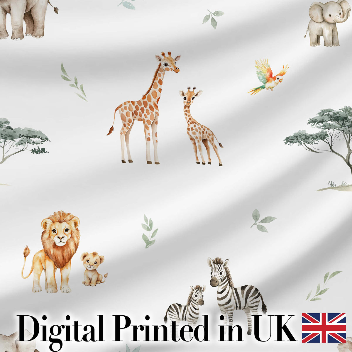 Watercolor Safari Jungle Animals Giraffe Lion Zebra Seamless Pattern Digital Print Fabric by the Metre UK Sewing Quilting Textile