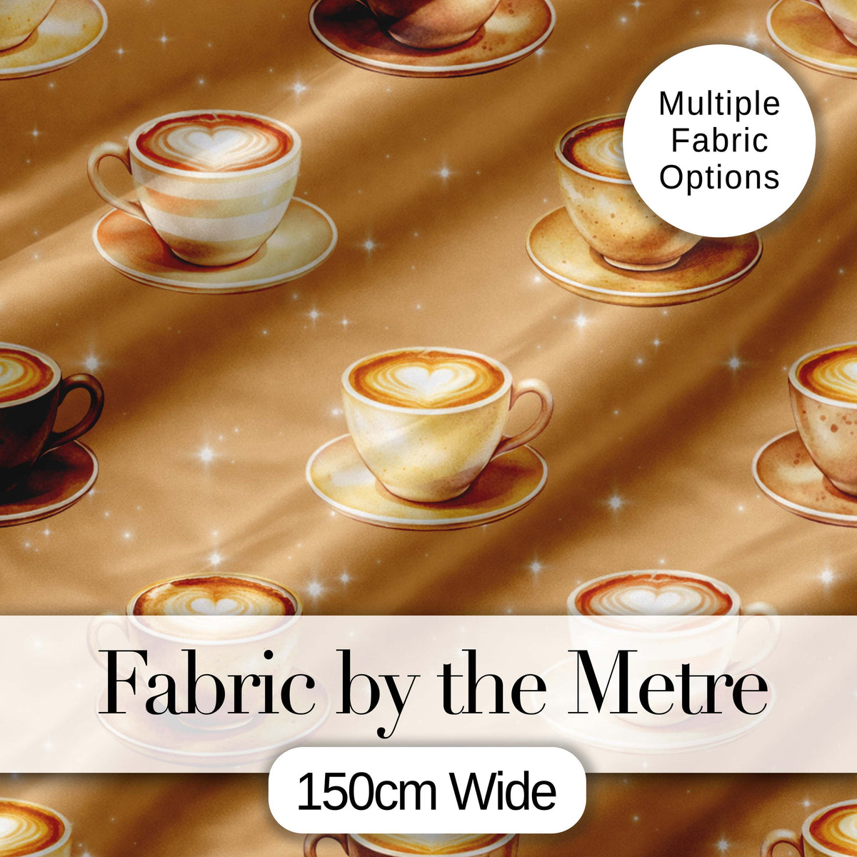 Coffee Latte Cappuccino Cup Seamless Pattern on Beige Background Digital Print Fabric by the Metre UK Sewing Quilting Textile