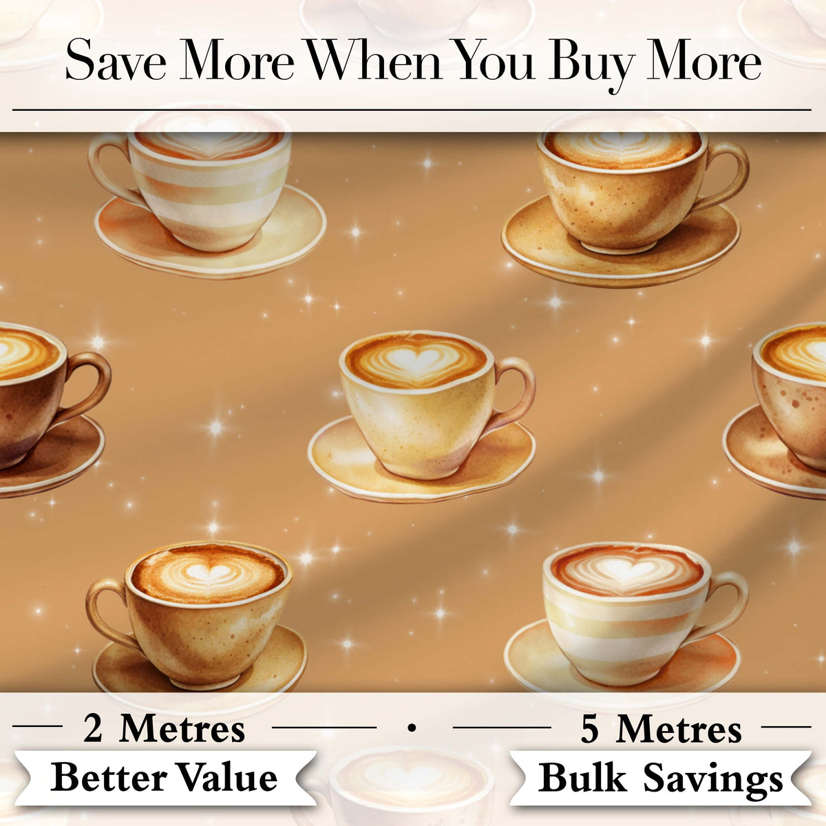 Coffee Latte Cappuccino Cup Seamless Pattern on Beige Background Digital Print Fabric by the Metre UK Sewing Quilting Textile