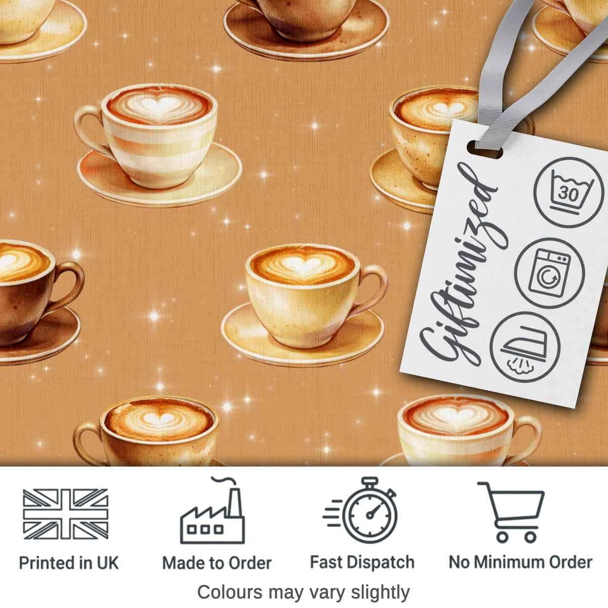 Coffee Latte Cappuccino Cup Seamless Pattern on Beige Background Digital Print Fabric by the Metre UK Sewing Quilting Textile