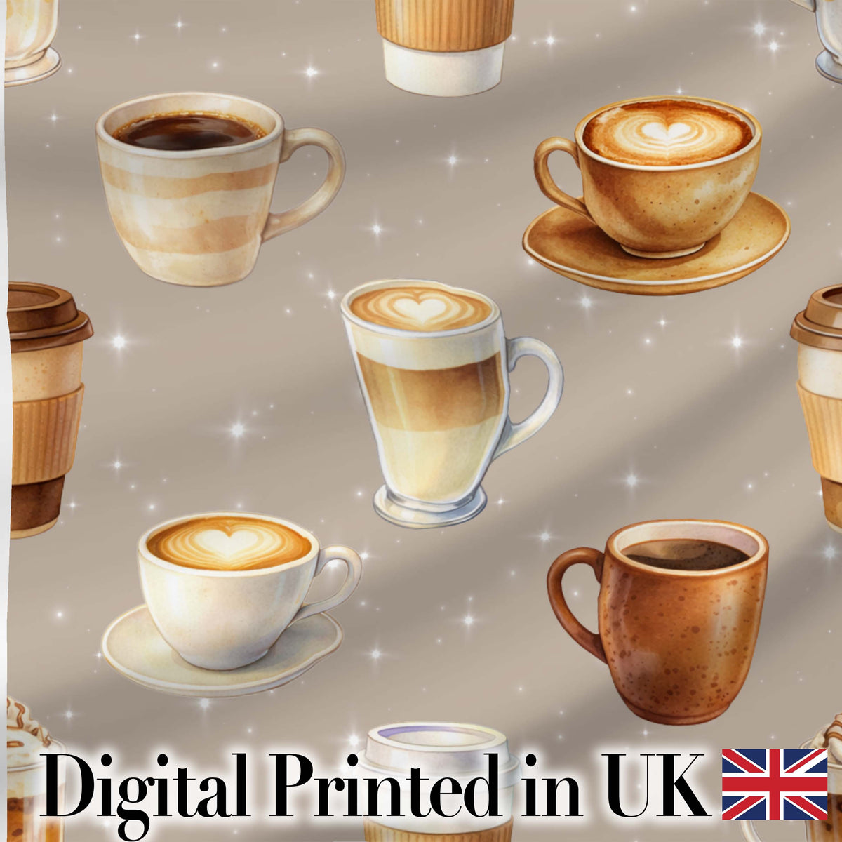 Coffee Latte Cappuccino Mug Seamless Pattern on Light Beige Background Digital Print Fabric by the Metre UK Sewing Quilting Textile