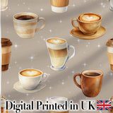 Coffee Latte Cappuccino Mug Seamless Pattern on Light Beige Background Digital Print Fabric by the Metre UK Sewing Quilting Textile