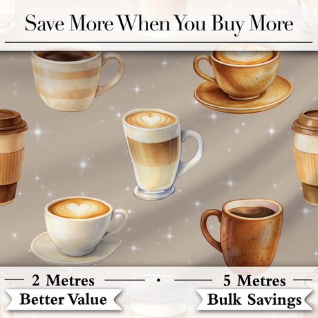 Coffee Latte Cappuccino Mug Seamless Pattern on Light Beige Background Digital Print Fabric by the Metre UK Sewing Quilting Textile