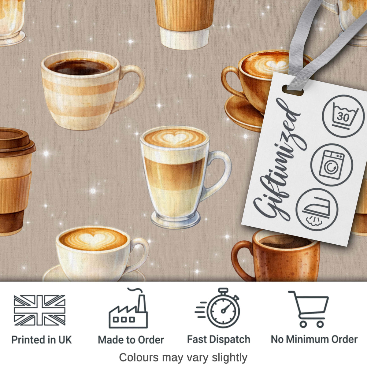 Coffee Latte Cappuccino Mug Seamless Pattern on Light Beige Background Digital Print Fabric by the Metre UK Sewing Quilting Textile
