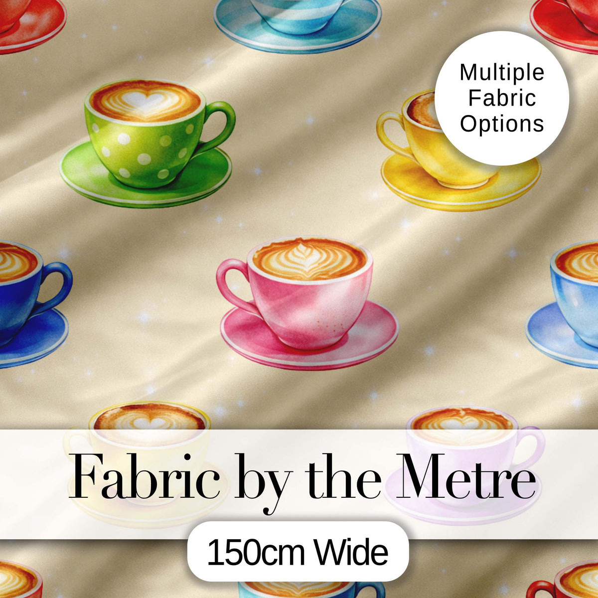 Colorful Coffee Latte Cappuccino Cup Seamless Pattern Digital Print Fabric by the Metre UK Sewing Quilting Textile