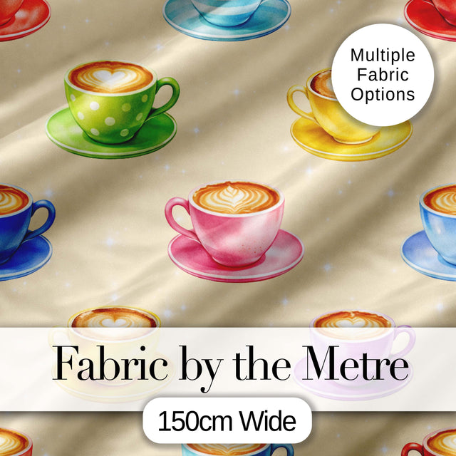 Colorful Coffee Latte Cappuccino Cup Seamless Pattern Digital Print Fabric by the Metre UK Sewing Quilting Textile