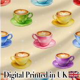 Colorful Coffee Latte Cappuccino Cup Seamless Pattern Digital Print Fabric by the Metre UK Sewing Quilting Textile