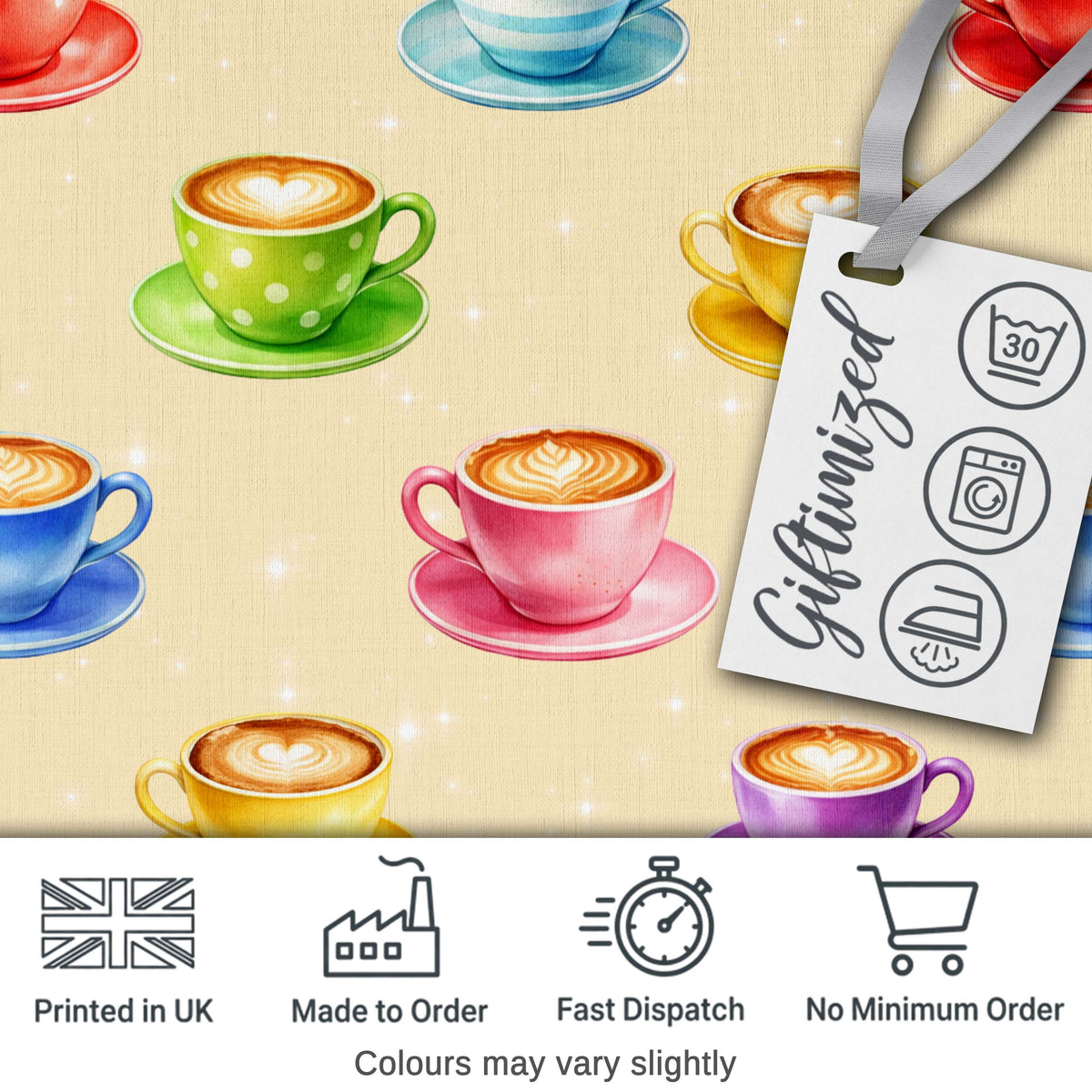 Colorful Coffee Latte Cappuccino Cup Seamless Pattern Digital Print Fabric by the Metre UK Sewing Quilting Textile