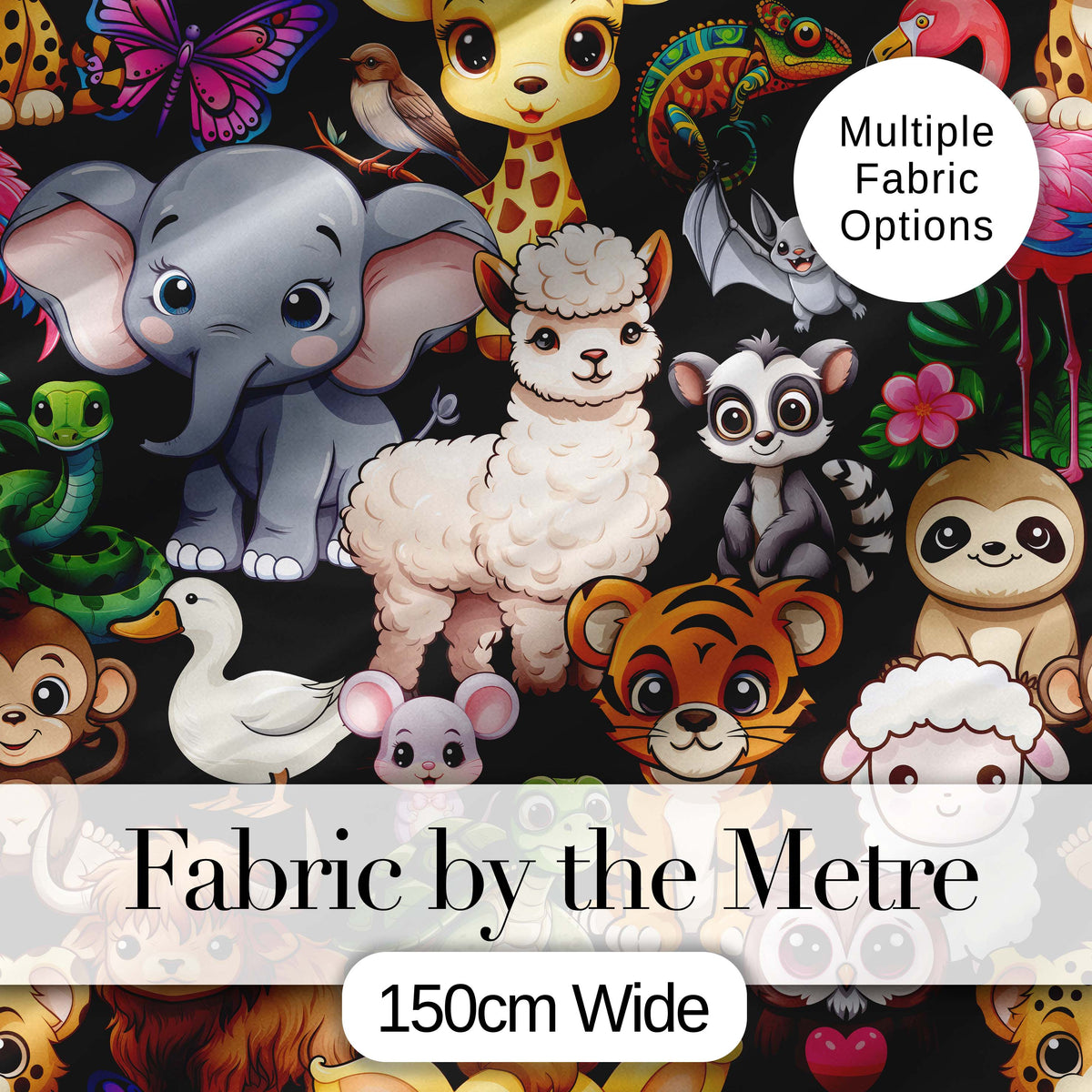 Cute Cartoon Jungle Safari Animals Seamless Pattern on Black Background Digital Print Fabric by the Metre UK Sewing Quilting Textile