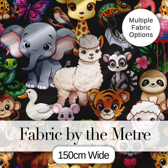 Cute Cartoon Jungle Safari Animals Seamless Pattern on Black Background Digital Print Fabric by the Metre UK Sewing Quilting Textile