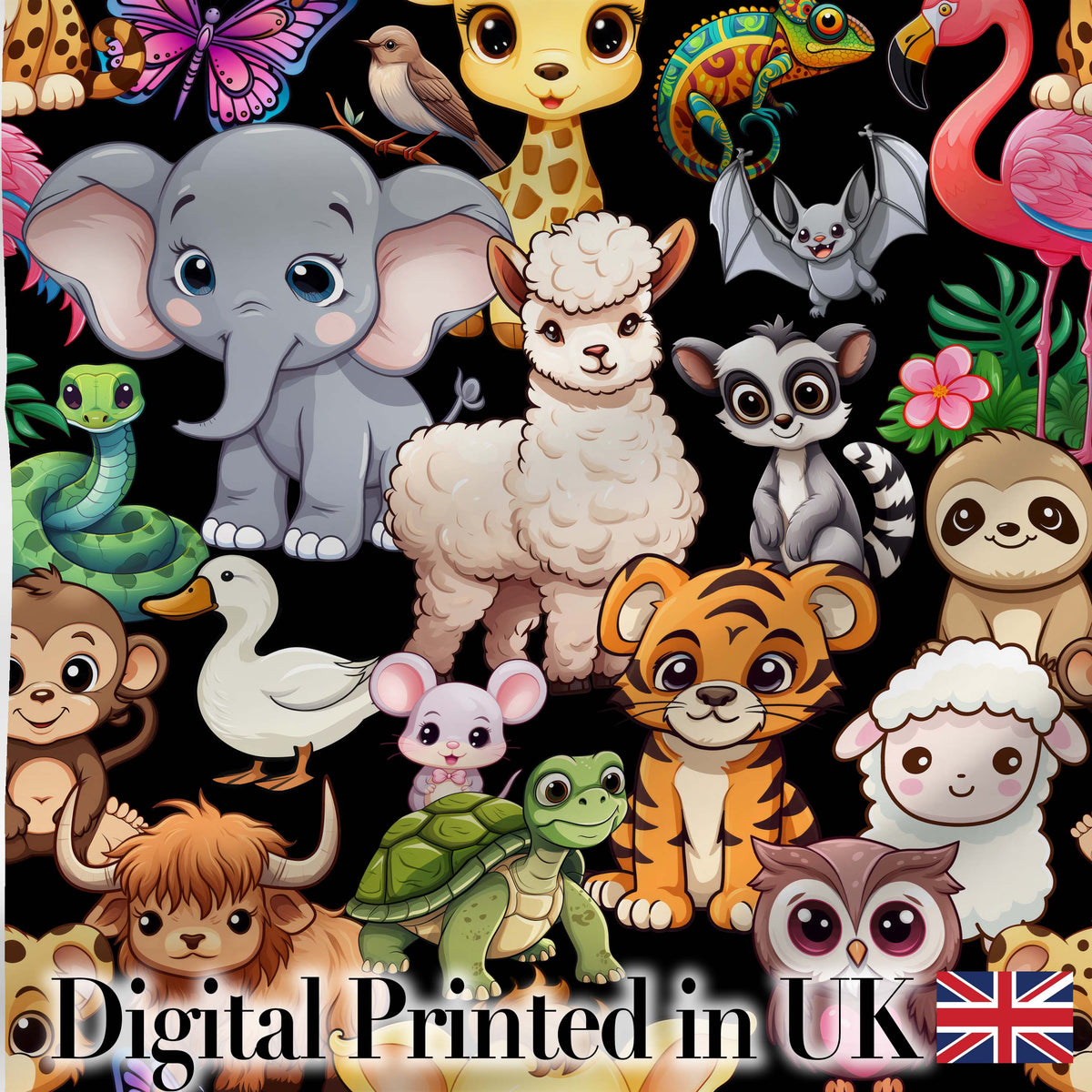 Cute Cartoon Jungle Safari Animals Seamless Pattern on Black Background Digital Print Fabric by the Metre UK Sewing Quilting Textile