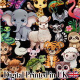 Cute Cartoon Jungle Safari Animals Seamless Pattern on Black Background Digital Print Fabric by the Metre UK Sewing Quilting Textile
