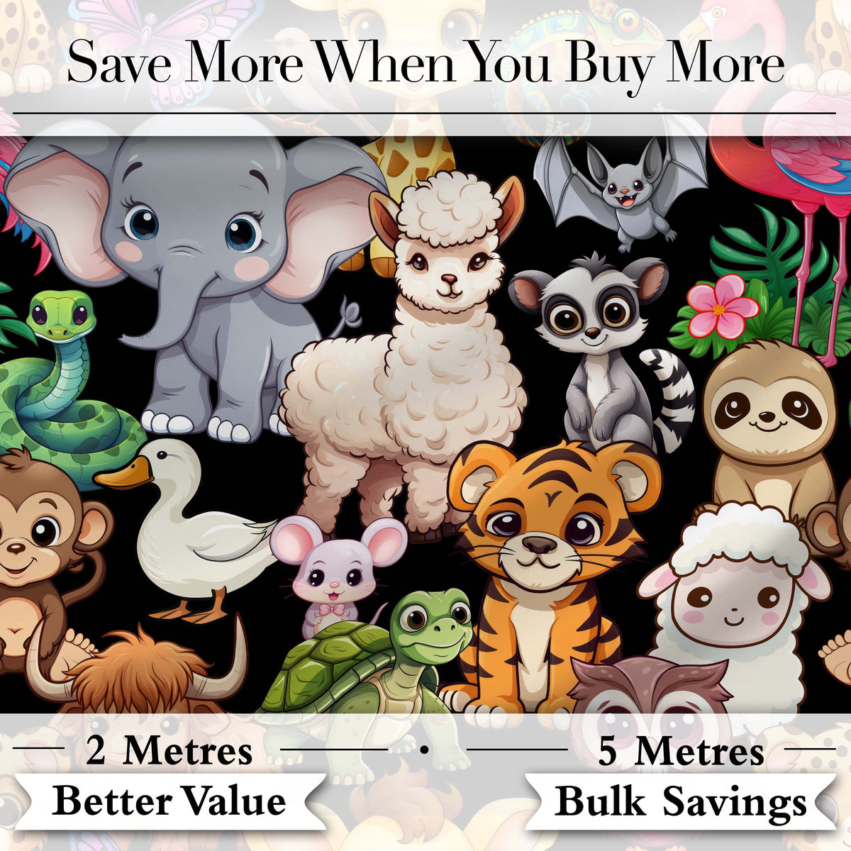 Cute Cartoon Jungle Safari Animals Seamless Pattern on Black Background Digital Print Fabric by the Metre UK Sewing Quilting Textile