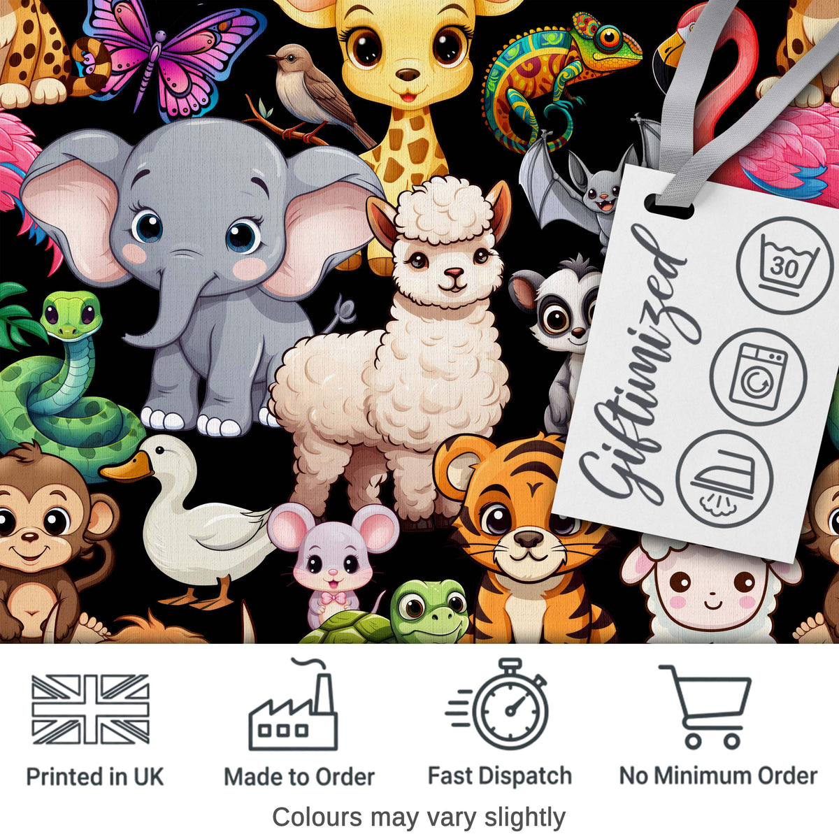 Cute Cartoon Jungle Safari Animals Seamless Pattern on Black Background Digital Print Fabric by the Metre UK Sewing Quilting Textile