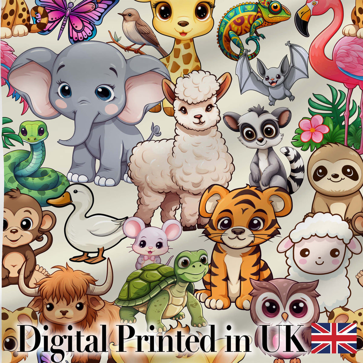 Cute Cartoon Jungle Safari Animals Seamless Pattern on Cream Background Digital Print Fabric by the Metre UK Sewing Quilting Textile
