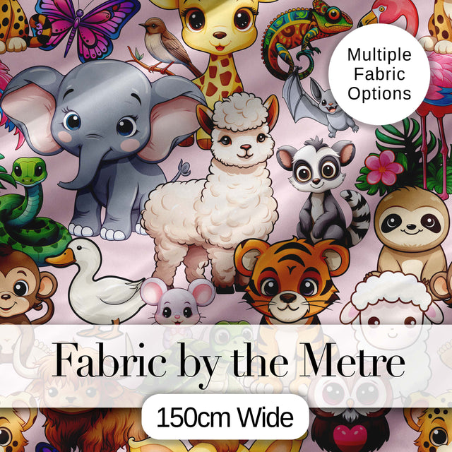Cute Cartoon Jungle Safari Animals Seamless Pattern on Pink Background Digital Print Fabric by the Metre UK Sewing Quilting Textile