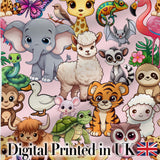 Cute Cartoon Jungle Safari Animals Seamless Pattern on Pink Background Digital Print Fabric by the Metre UK Sewing Quilting Textile