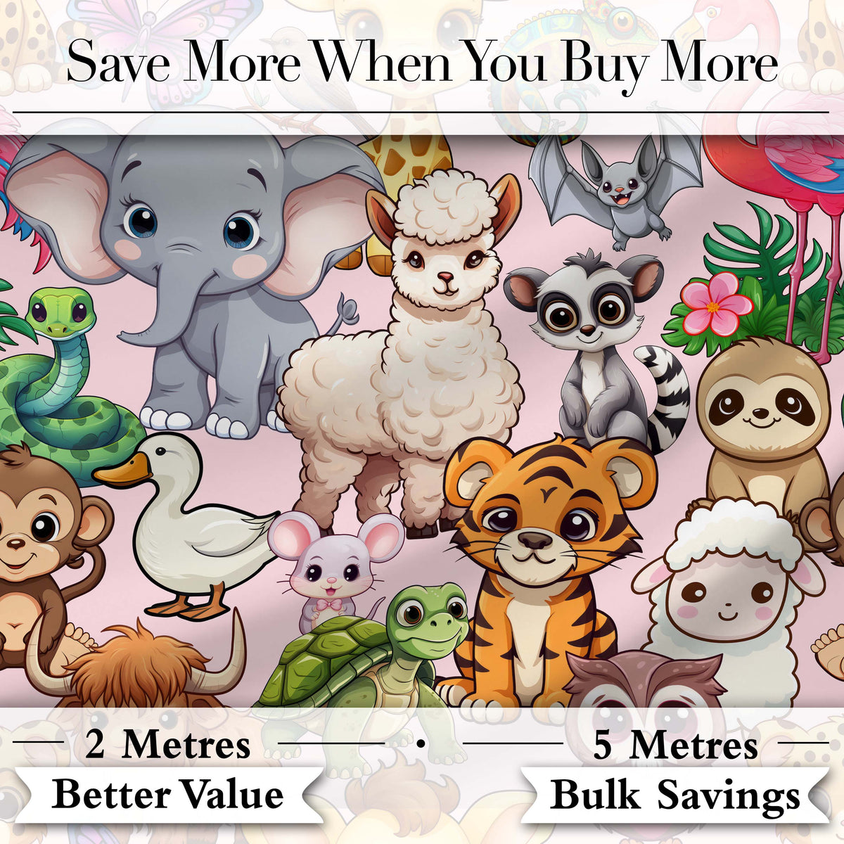 Cute Cartoon Jungle Safari Animals Seamless Pattern on Pink Background Digital Print Fabric by the Metre UK Sewing Quilting Textile