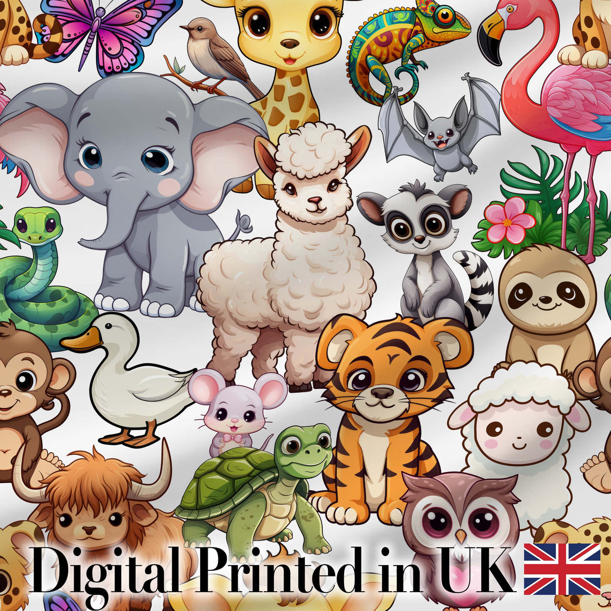 Cute Cartoon Jungle Safari Animals Seamless Pattern on White Background Digital Print Fabric by the Metre UK Sewing Quilting Textile