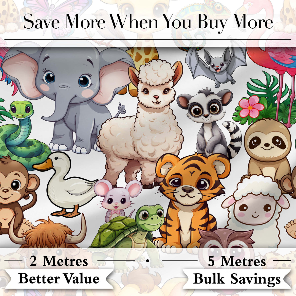 Cute Cartoon Jungle Safari Animals Seamless Pattern on White Background Digital Print Fabric by the Metre UK Sewing Quilting Textile