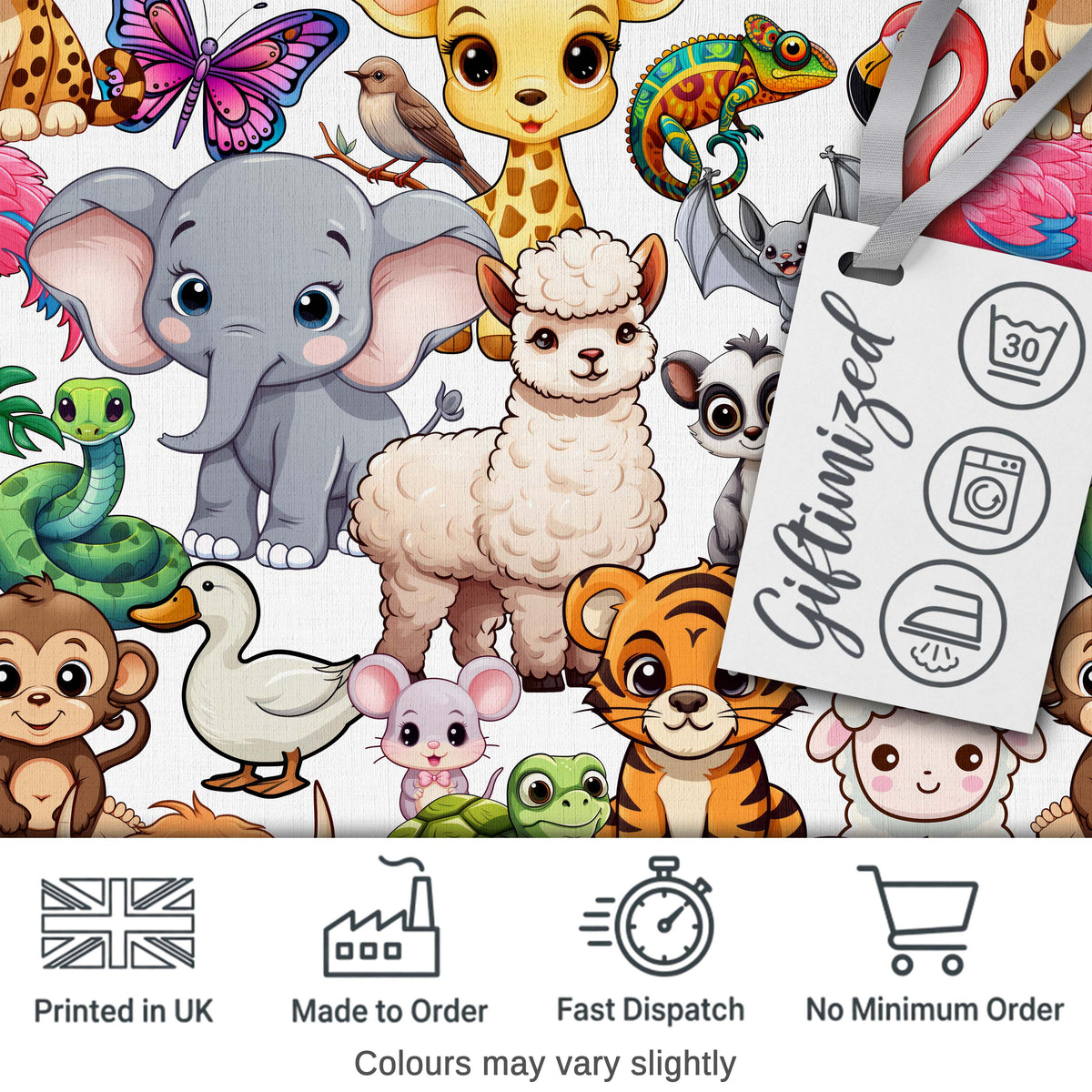 Cute Cartoon Jungle Safari Animals Seamless Pattern on White Background Digital Print Fabric by the Metre UK Sewing Quilting Textile