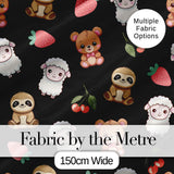 Cute Bear Sloth Lamb Cherry Strawberry Seamless Pattern on Black Digital Print Fabric by the Metre UK Sewing Quilting Textile
