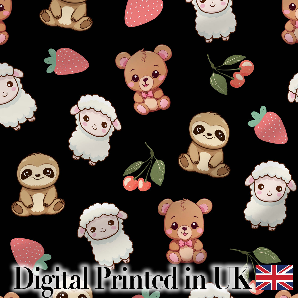 Cute Bear Sloth Lamb Cherry Strawberry Seamless Pattern on Black Digital Print Fabric by the Metre UK Sewing Quilting Textile
