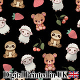 Cute Bear Sloth Lamb Cherry Strawberry Seamless Pattern on Black Digital Print Fabric by the Metre UK Sewing Quilting Textile