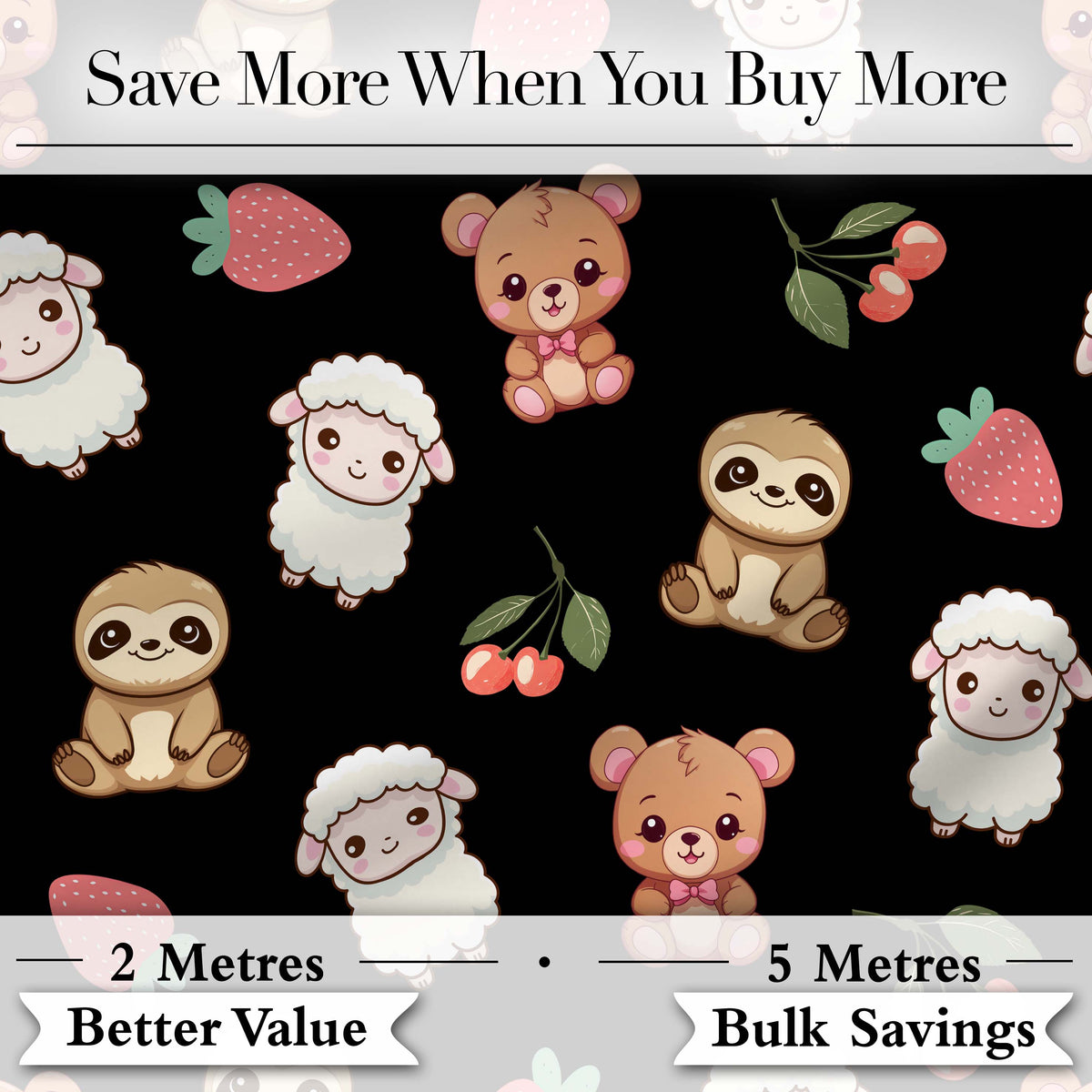 Cute Bear Sloth Lamb Cherry Strawberry Seamless Pattern on Black Digital Print Fabric by the Metre UK Sewing Quilting Textile