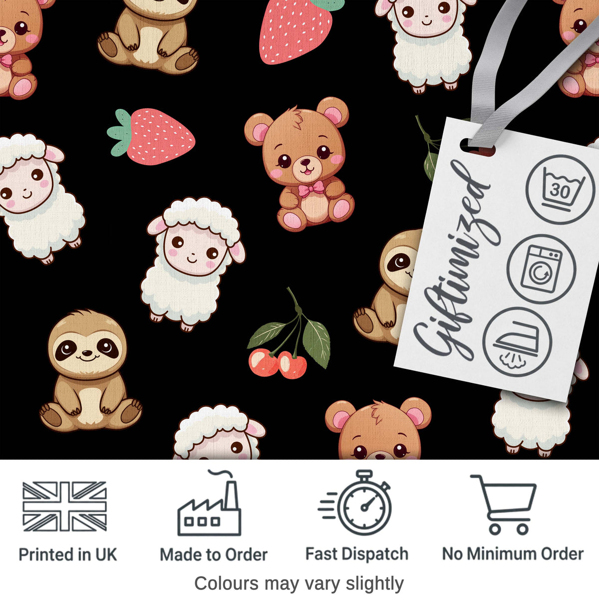 Cute Bear Sloth Lamb Cherry Strawberry Seamless Pattern on Black Digital Print Fabric by the Metre UK Sewing Quilting Textile