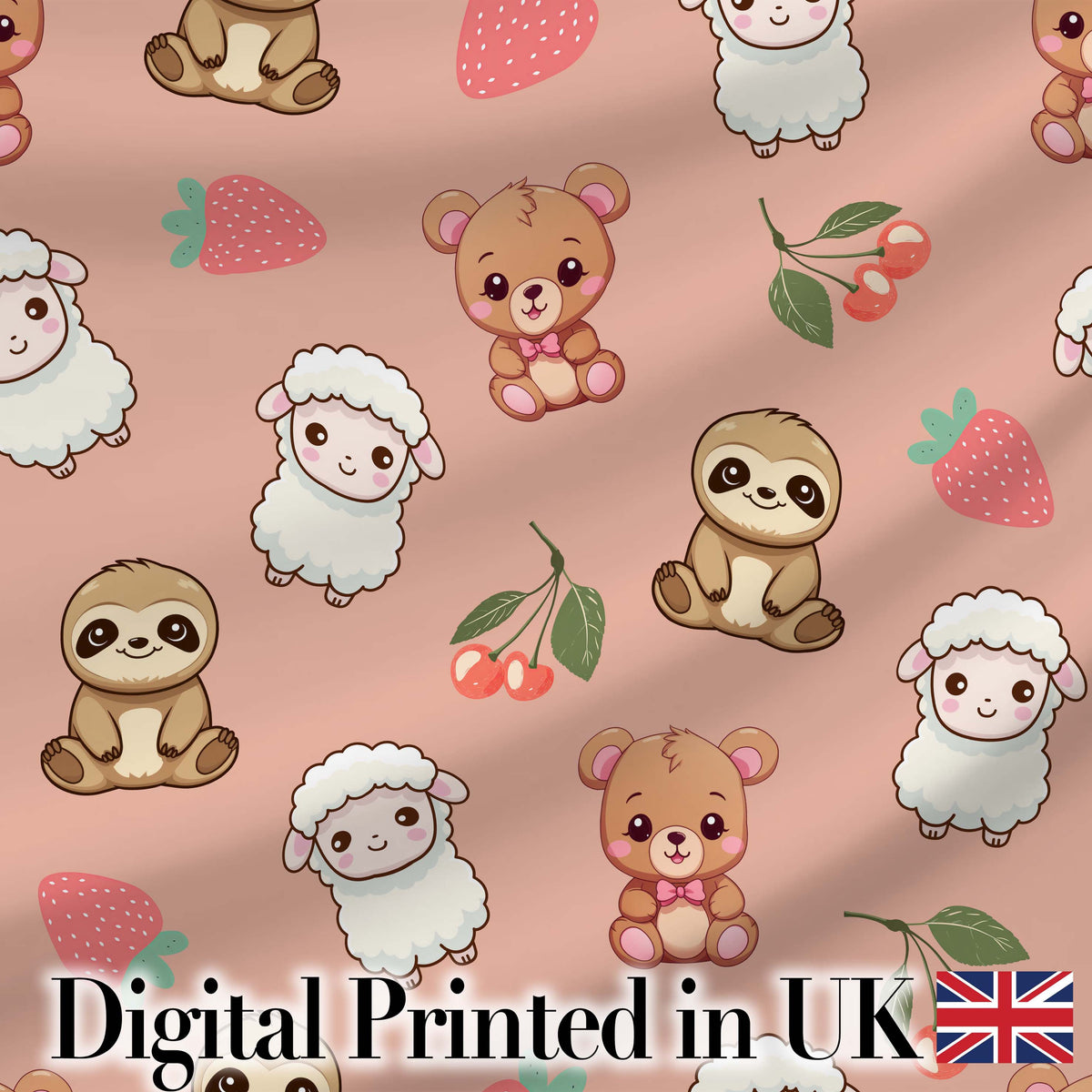 Cute Bear Sloth Lamb Cherry Strawberry Seamless Pattern on Peach Digital Print Fabric by the Metre UK Sewing Quilting Textile