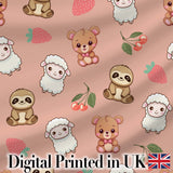 Cute Bear Sloth Lamb Cherry Strawberry Seamless Pattern on Peach Digital Print Fabric by the Metre UK Sewing Quilting Textile