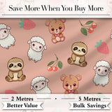 Cute Bear Sloth Lamb Cherry Strawberry Seamless Pattern on Peach Digital Print Fabric by the Metre UK Sewing Quilting Textile