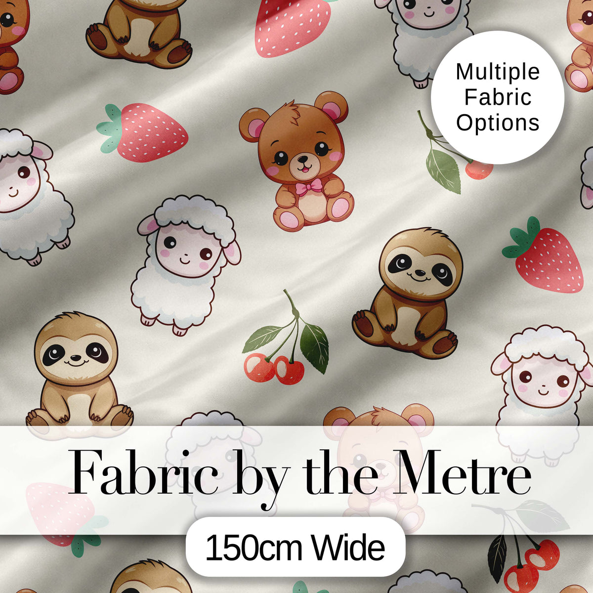 Cute Bear Sloth Lamb Cherry Strawberry Seamless Pattern on Cream Digital Print Fabric by the Metre UK Sewing Quilting Textile