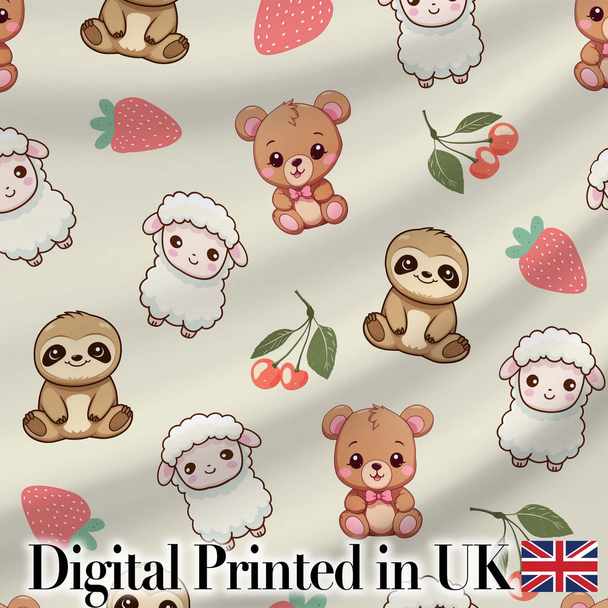 Cute Bear Sloth Lamb Cherry Strawberry Seamless Pattern on Cream Digital Print Fabric by the Metre UK Sewing Quilting Textile