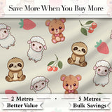 Cute Bear Sloth Lamb Cherry Strawberry Seamless Pattern on Cream Digital Print Fabric by the Metre UK Sewing Quilting Textile