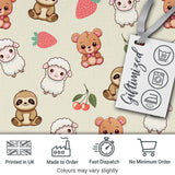 Cute Bear Sloth Lamb Cherry Strawberry Seamless Pattern on Cream Digital Print Fabric by the Metre UK Sewing Quilting Textile
