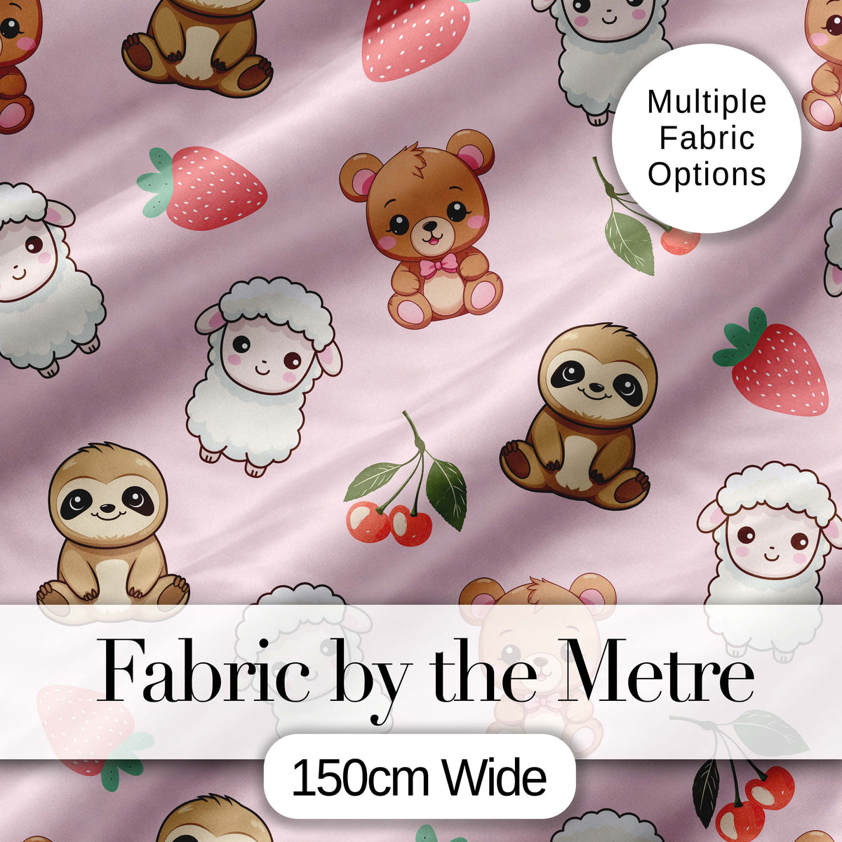 Cute Bear Sloth Lamb Cherry Strawberry Seamless Pattern on Light Pink Digital Print Fabric by the Metre UK Sewing Quilting Textile