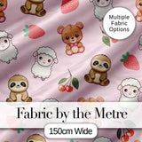Cute Bear Sloth Lamb Cherry Strawberry Seamless Pattern on Light Pink Digital Print Fabric by the Metre UK Sewing Quilting Textile