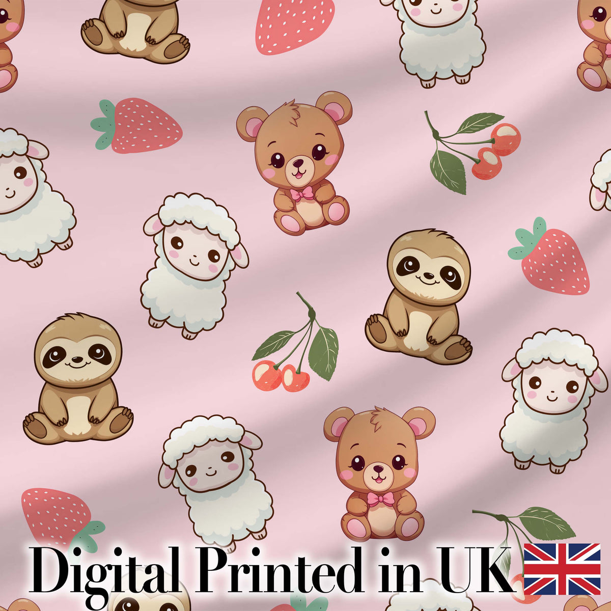 Cute Bear Sloth Lamb Cherry Strawberry Seamless Pattern on Light Pink Digital Print Fabric by the Metre UK Sewing Quilting Textile