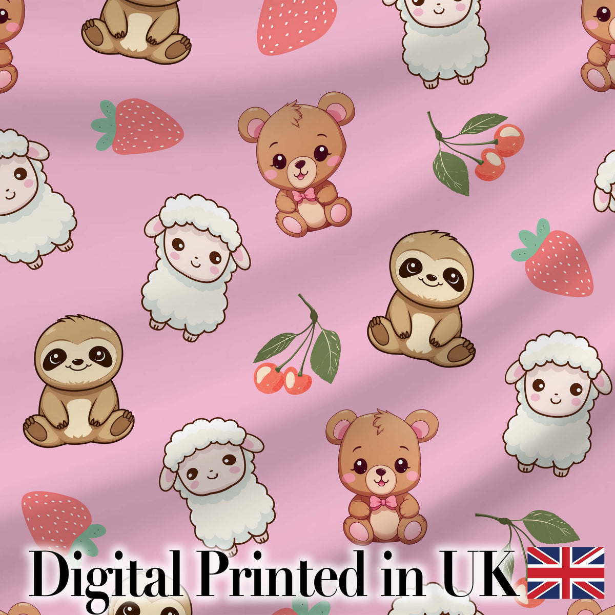 Cute Bear Sloth Lamb Cherry Strawberry Seamless Pattern on Pink Digital Print Fabric by the Metre UK Sewing Quilting Textile