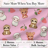 Cute Bear Sloth Lamb Cherry Strawberry Seamless Pattern on Pink Digital Print Fabric by the Metre UK Sewing Quilting Textile