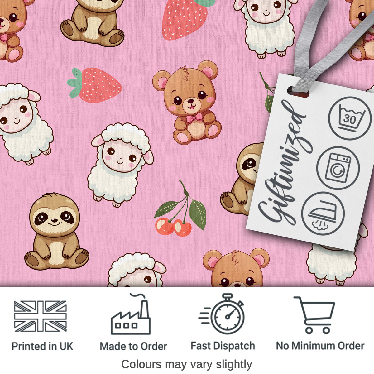 Cute Bear Sloth Lamb Cherry Strawberry Seamless Pattern on Pink Digital Print Fabric by the Metre UK Sewing Quilting Textile